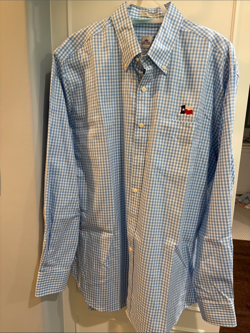 Men’s Peter Millar Blue/White Gingham Button-Down Shirt Texas Flag NWOT Size L